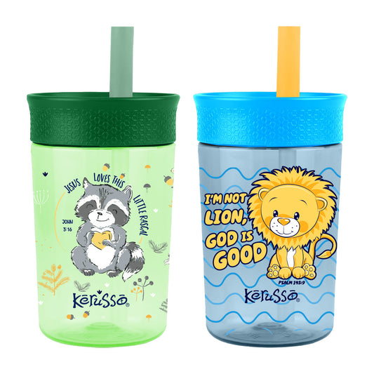 Kerusso 15 oz Silicone Straw Cup Raccoon & Lion (2 Pack)